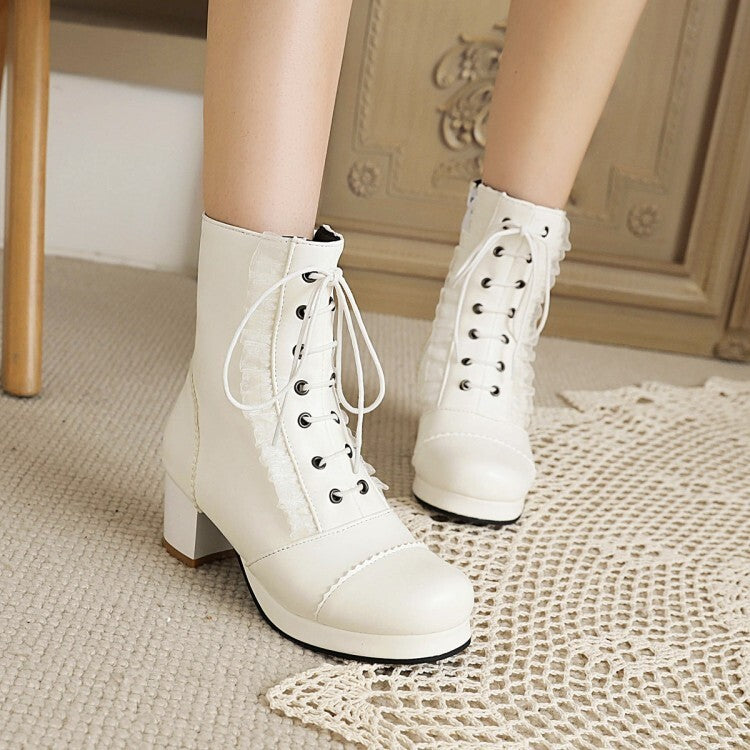 Women's Booties Lolita Lace Lace-Up Block Chunky Heel Platform Short Boots