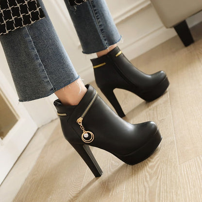 Women's Booties Side Zippers Rhinestone Block Chunky Heel Platform Short Boots