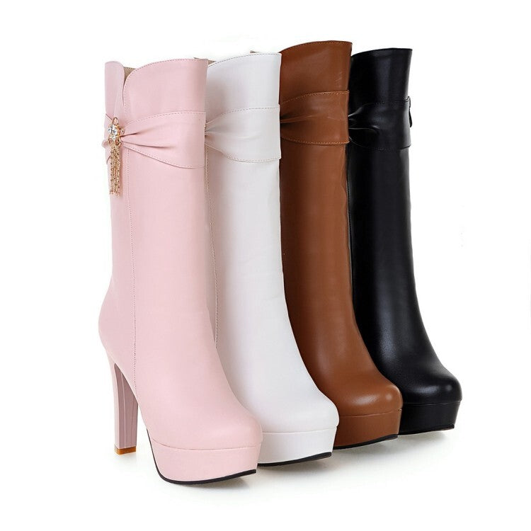 Women's Round Toe Rhinestone Flowers Block Chunky Heel Platform Mid-Calf Boots