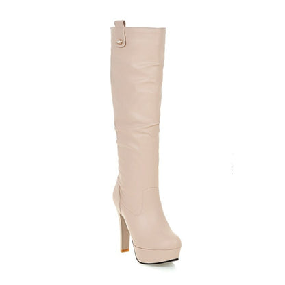 Women's Round Toe Block Chunky Heel Platform Knee High Boots