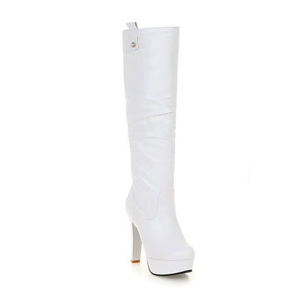 Women's Round Toe Block Chunky Heel Platform Knee High Boots