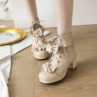 Women's Booties Lolita Lace-Up Bows Block Chunky Heel Platform Short Boots