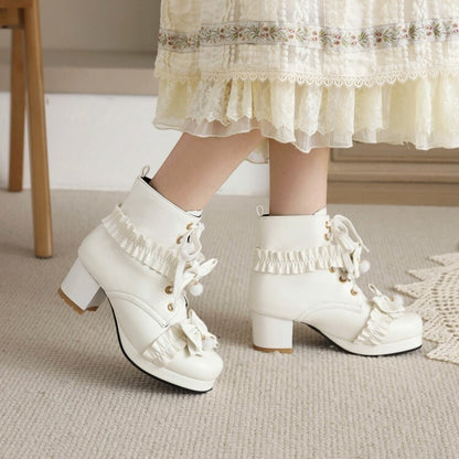 Women's Booties Lolita Lace-Up Bows Block Chunky Heel Platform Short Boots