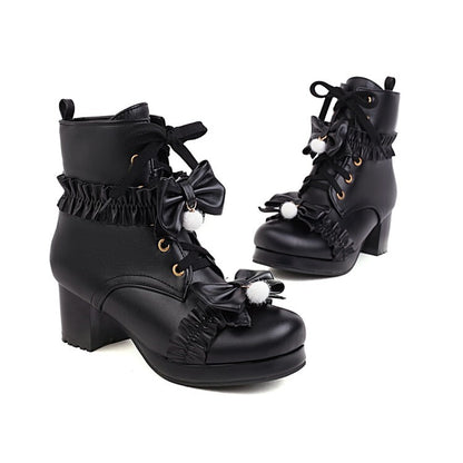 Women's Booties Lolita Lace-Up Bows Block Chunky Heel Platform Short Boots