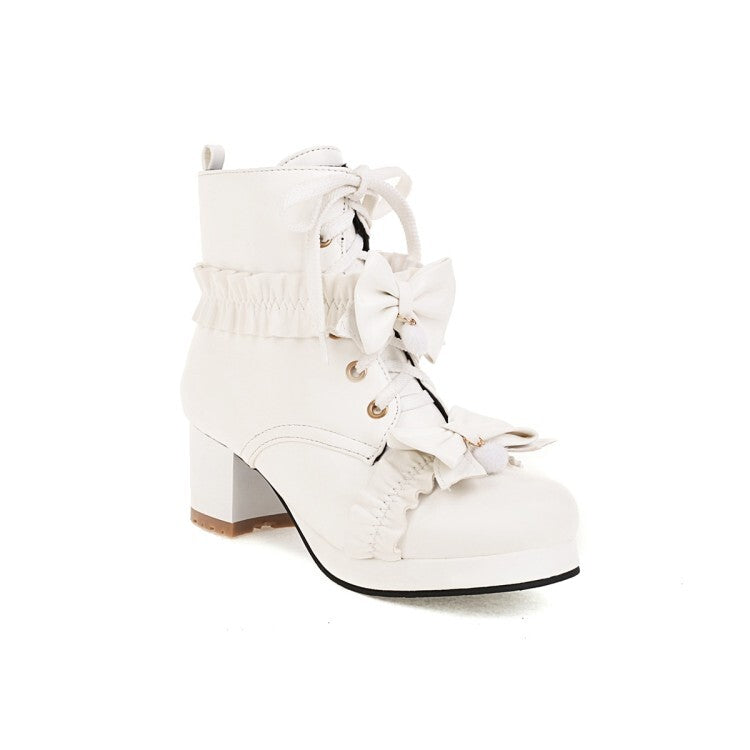 Women's Booties Lolita Lace-Up Bows Block Chunky Heel Platform Short Boots