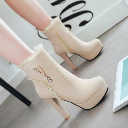 Women's Booties Lace Rhinestone Side Zippers Block Chunky Heel Platform Short Boots