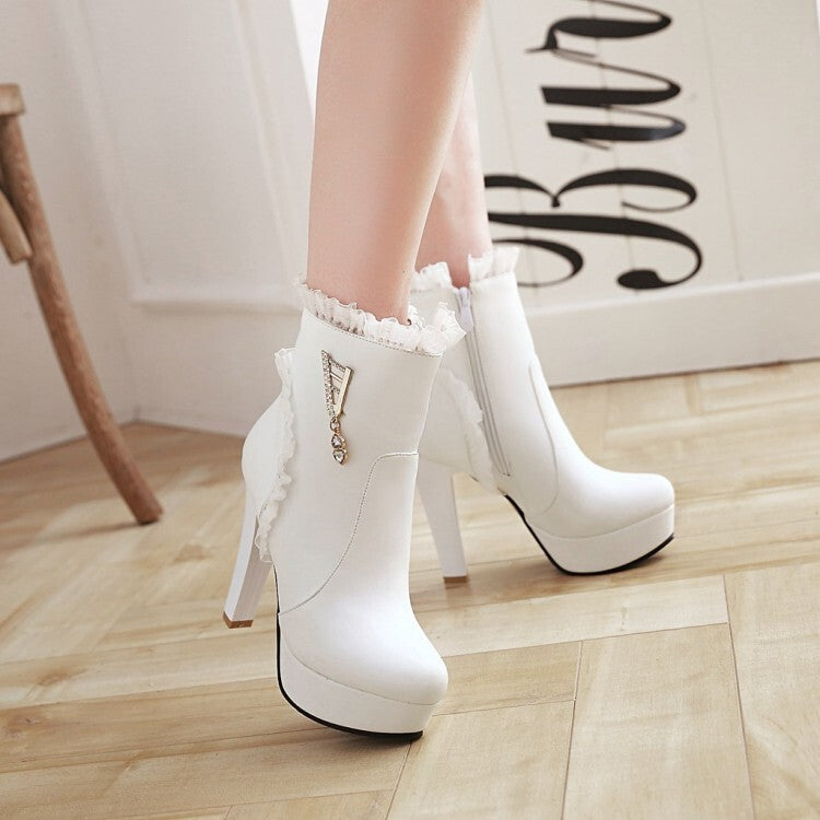 Women's Booties Lace Rhinestone Side Zippers Block Chunky Heel Platform Short Boots