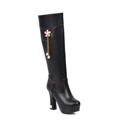 Women's Round Toe Pearls Flowers Spool Heel Platform Knee High Boots