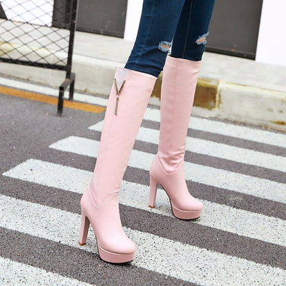 Women's Round Toe Tassel Block Chunky Heel Platform Knee High Boots