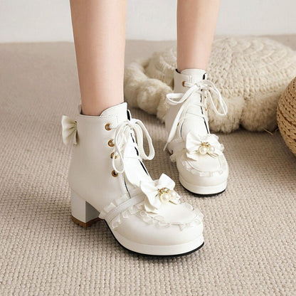 Women's Booties Lolita Lace Bows Block Chunky Heel Platform Short Boots