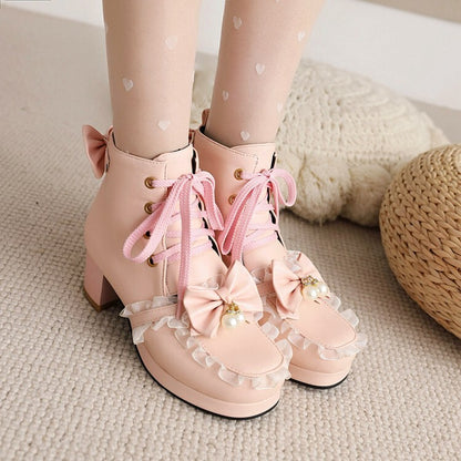 Women's Booties Lolita Lace Bows Block Chunky Heel Platform Short Boots