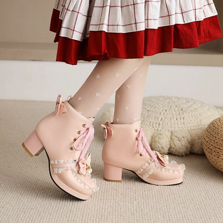 Women's Booties Lolita Lace Bows Block Chunky Heel Platform Short Boots