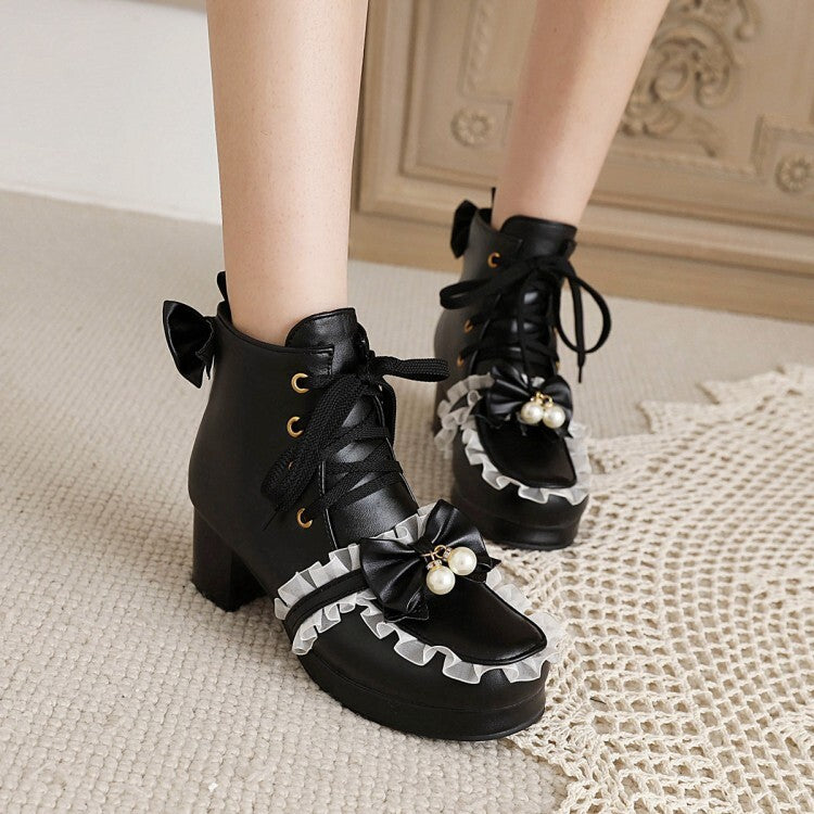 Women's Booties Lolita Lace Bows Block Chunky Heel Platform Short Boots