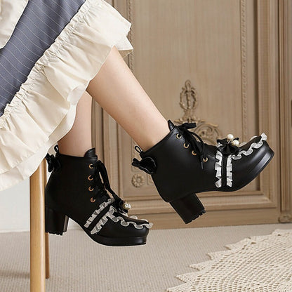 Women's Booties Lolita Lace Bows Block Chunky Heel Platform Short Boots