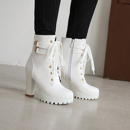 Women's Booties Buckles Lace-Up Block Chunky Heel Platform Short Boots