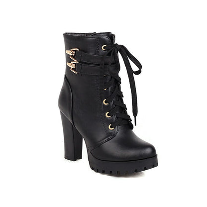 Women's Booties Buckles Lace-Up Block Chunky Heel Platform Short Boots