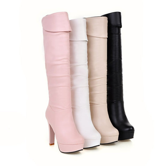 Women's Folded Block Chunky Heel Platform Knee High Boots