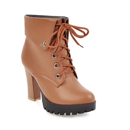 Women's Booties Lace-Up Block Chunky Heel Fold Platform Short Boots