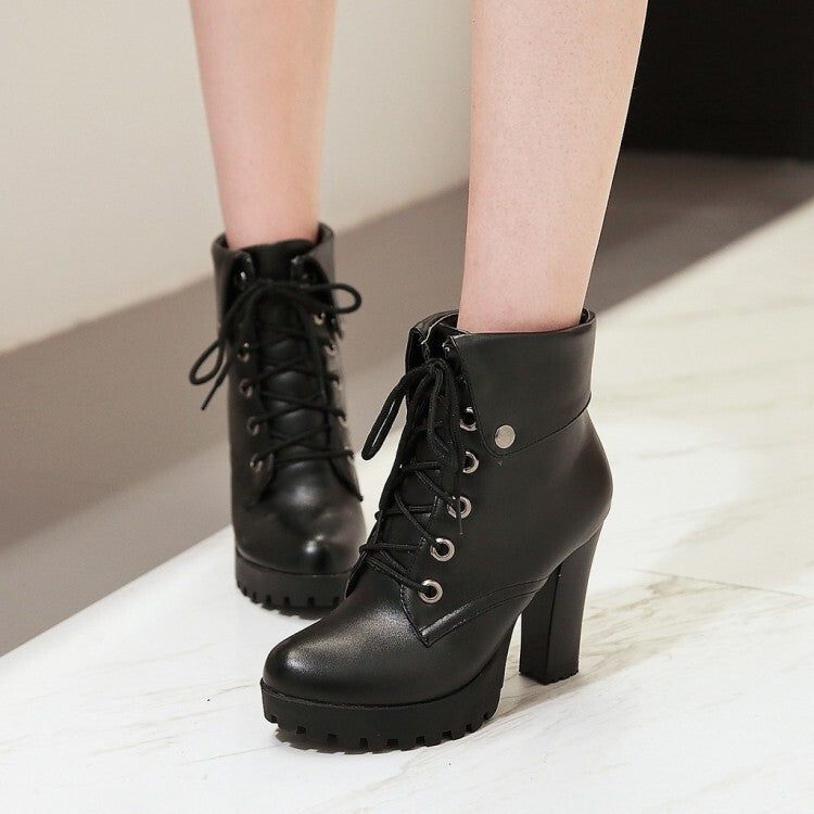 Women's Booties Lace-Up Block Chunky Heel Fold Platform Short Boots