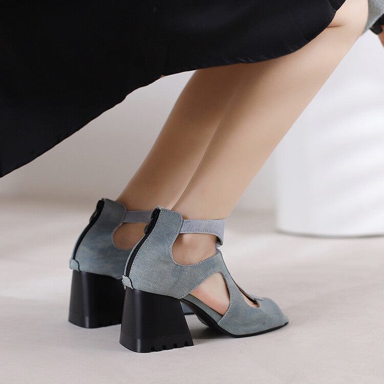 Women's Peep Toe T Strap Cutout Back Zippers Block Chunky Heel Sandals