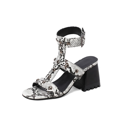 Women's Square Toe Rivets Block Chunky Heel Gladiator Sandals