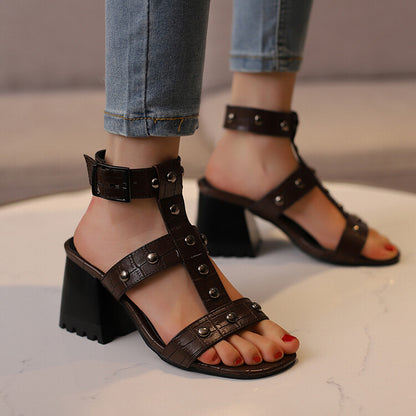 Women's Square Toe Rivets Block Chunky Heel Gladiator Sandals