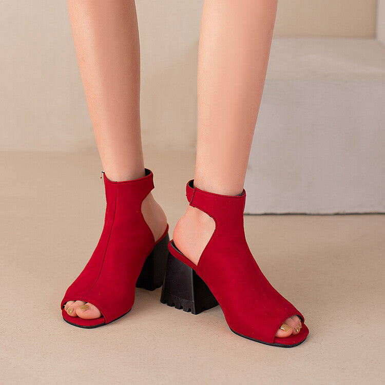 Women's Ethnic Peep Toe Buckle Block Chunky Heel Sandals