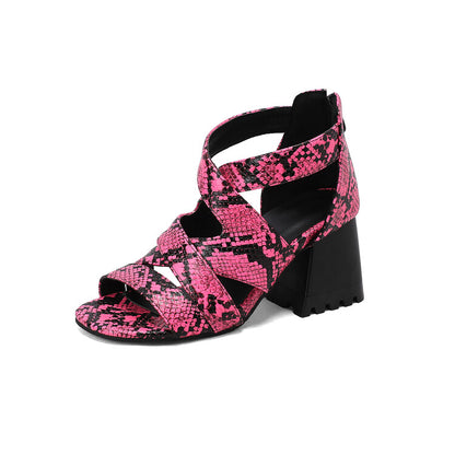 Women's Snake-print Open Toe Cutout Block Chunky Heel Sandals