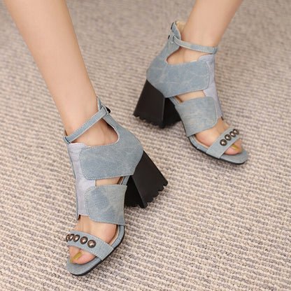 Women's Open Toe Rivets Cutout Block Chunky Heel Sandals