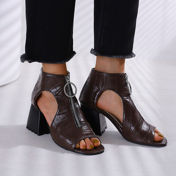 Women's Peep Toe Zippers Cutout Block Chunky Heel Sandals