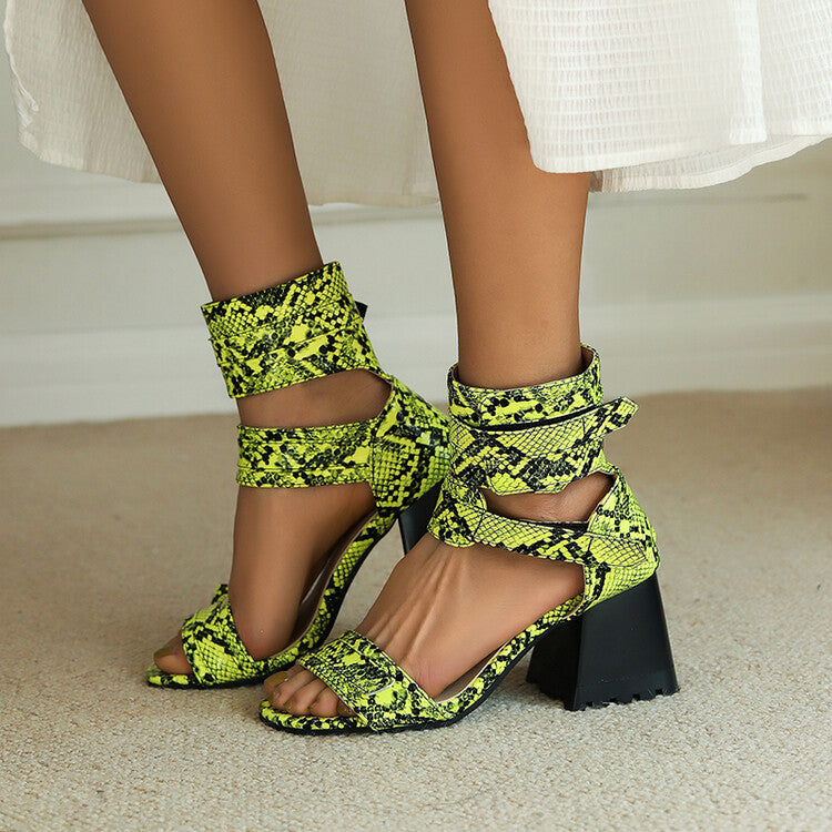 Women's Snake-print Open Toe Buckles Block Chunky Heel Sandals