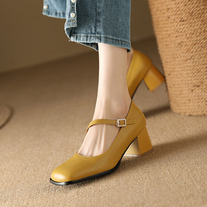 Women's Square Toe Shallow Buckle Straps Block Heel Pumps