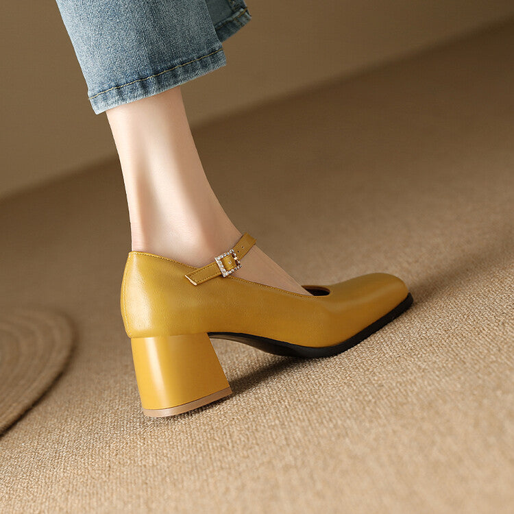 Women's Square Toe Shallow Buckle Straps Block Heel Pumps