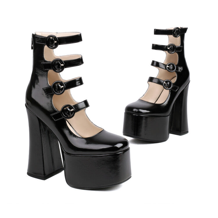 Women's Round Toe Buckle Straps Chunky Heel Mary Jane Platform Pumps