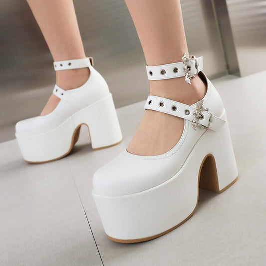 Women's Buckle Block Heel Mary Jane Platform Pumps