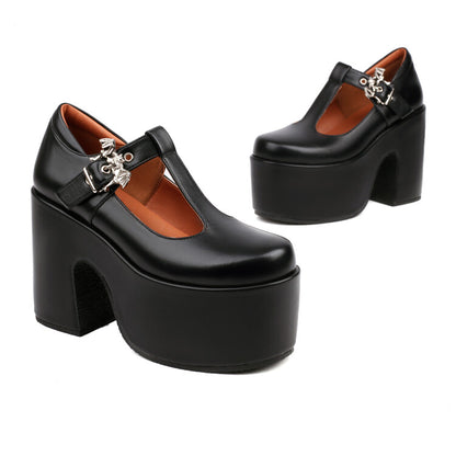 Women's T Strap Buckle Straps Block Heel Mary Jane Platform Pumps