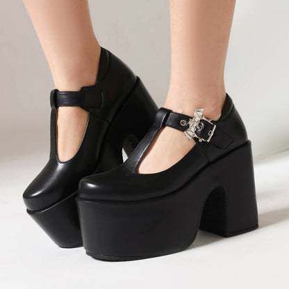 Women's T Strap Buckle Straps Block Heel Mary Jane Platform Pumps