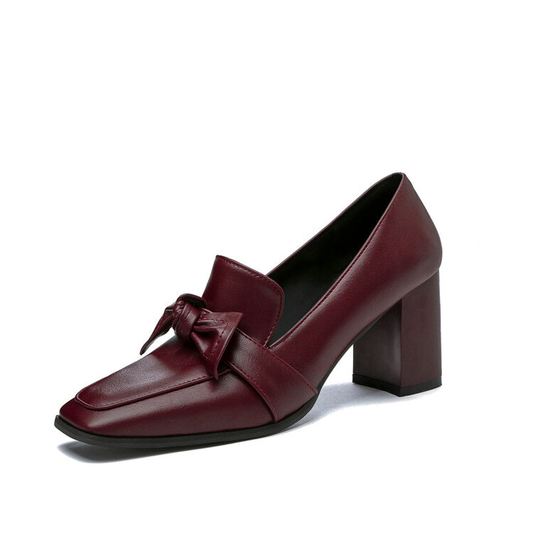 Women's Square Toe Bow Tie Shallow Block Heel Loafers