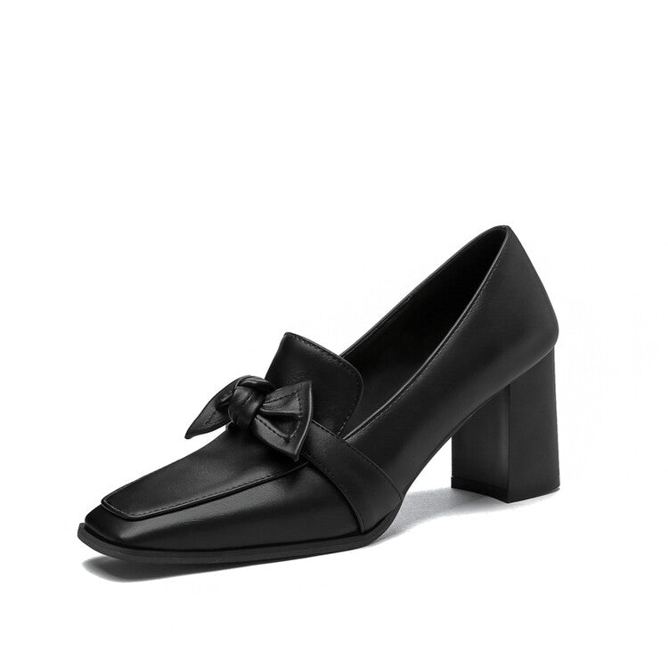Women's Square Toe Bow Tie Shallow Block Heel Loafers