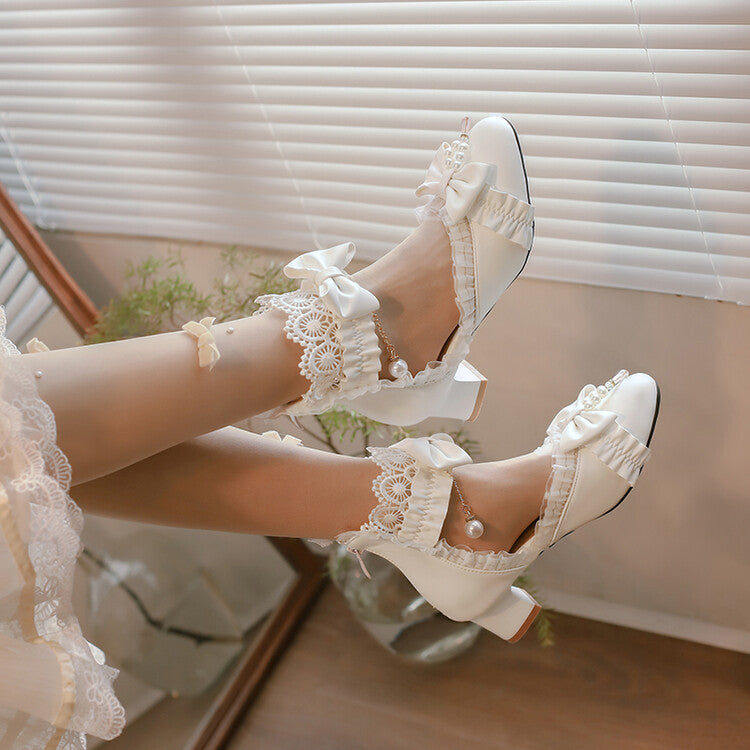 Women's Lolita Pearls Lace Bow Tie Block Heel Sandals