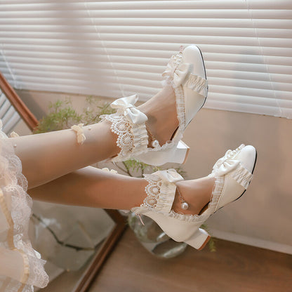 Women's Lolita Pearls Lace Bow Tie Block Heel Sandals