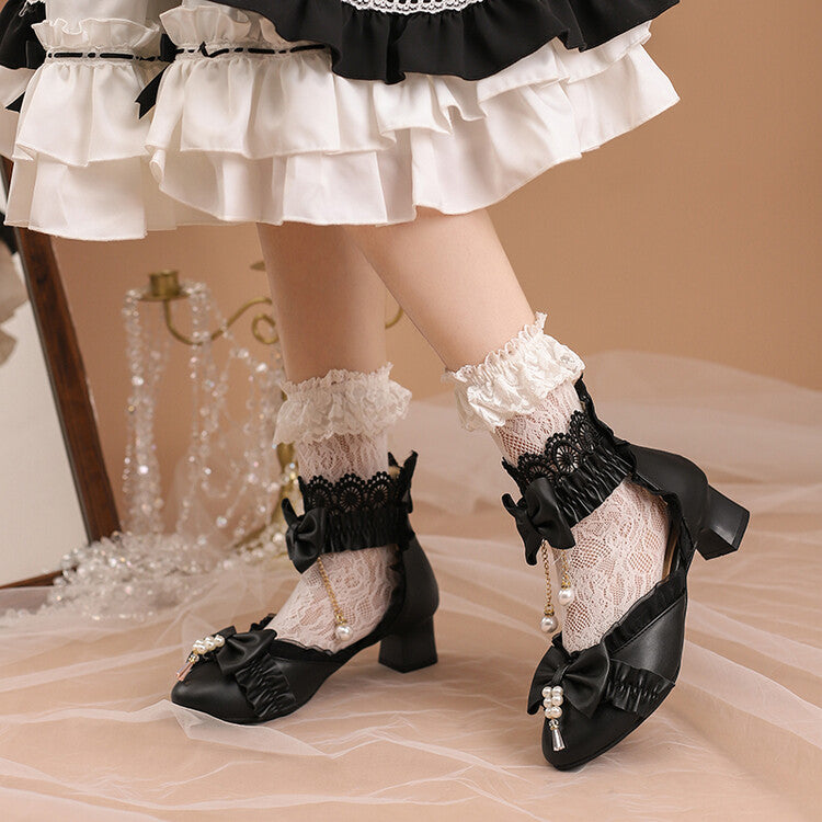 Women's Lolita Pearls Lace Bow Tie Block Heel Sandals