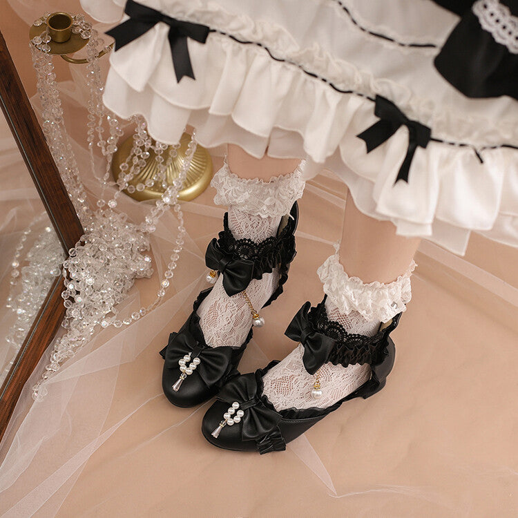 Women's Lolita Pearls Lace Bow Tie Block Heel Sandals