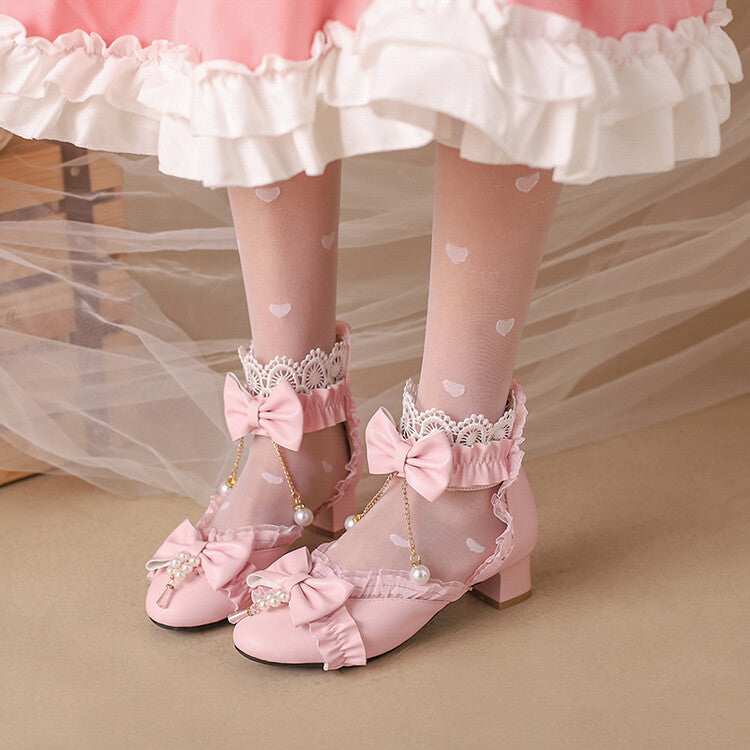 Women's Lolita Pearls Lace Bow Tie Block Heel Sandals