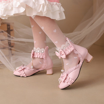 Women's Lolita Pearls Lace Bow Tie Block Heel Sandals