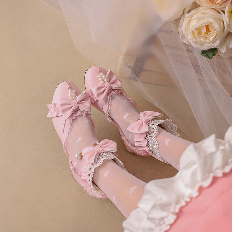 Women's Lolita Pearls Lace Bow Tie Block Heel Sandals