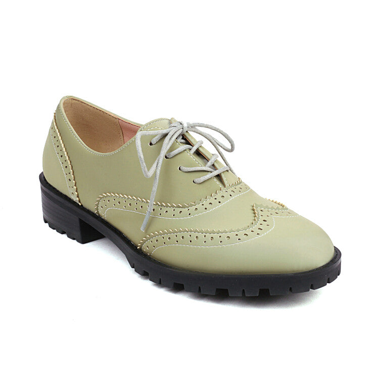 Women's Round Toe Carved Lace-Up Flat Oxford Shoes