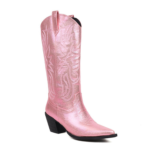 Women's Cowboy Pointed Toe Beveled Heel Embroidery Mid Calf Western Boots