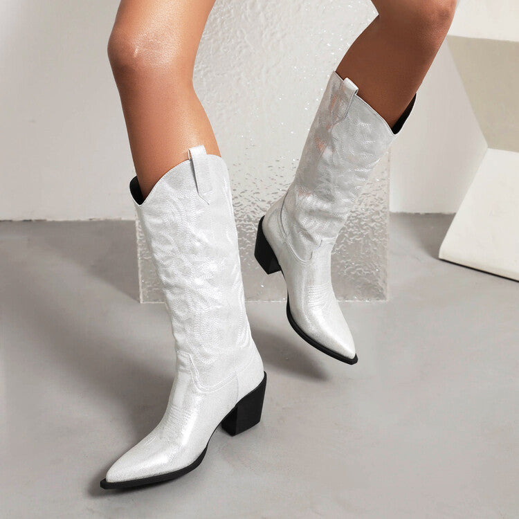 Women's Cowboy Pointed Toe Beveled Heel Embroidery Mid Calf Western Boots