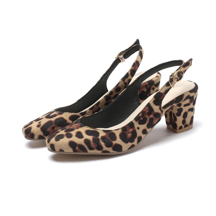 Women's Leopard Print Pointed Toe Shallow Slingbacks Block Chunky Heel Sandals